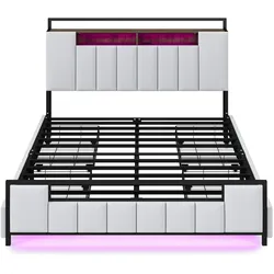 Merax Doppelbett Metallbett, LED Polsterbett 160x200cm mit USB-Aufladen und 4 Schubladen, Beige