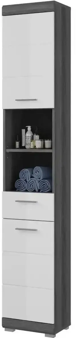 Hochschrank SCHLOONSEE  Breite 37cm  2 Tür  1 Schubkasten  2 offene Fächer  MDF-Front  in verschiedenen Farben erhältlich  Badmöbel  Badschrank  Schrank  Bad  Schloonsee , weiß , Maße (cm): B: 37 H: 191