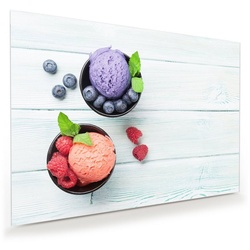 Primedeco Glasbild Wandbild Heidelbeere und Erdbeereis mit Aufhängung, Süsses lila 100 cm x 70 cm