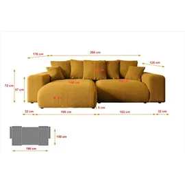 altdecor Ecksofa Cord mit Schlaffunktion 2-Sitzer Senfgelb