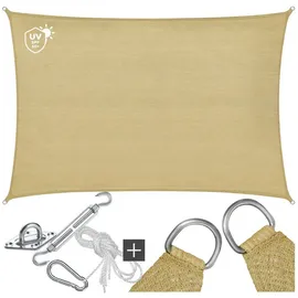 Tectake Sonnensegel Sunny, (Set, 3 x 4 m), HDPE mit 185 g/m2 und 87 % UV-Schutz beige Rechteck | 400,00 cm x 0,50 cm x 300,00 cm