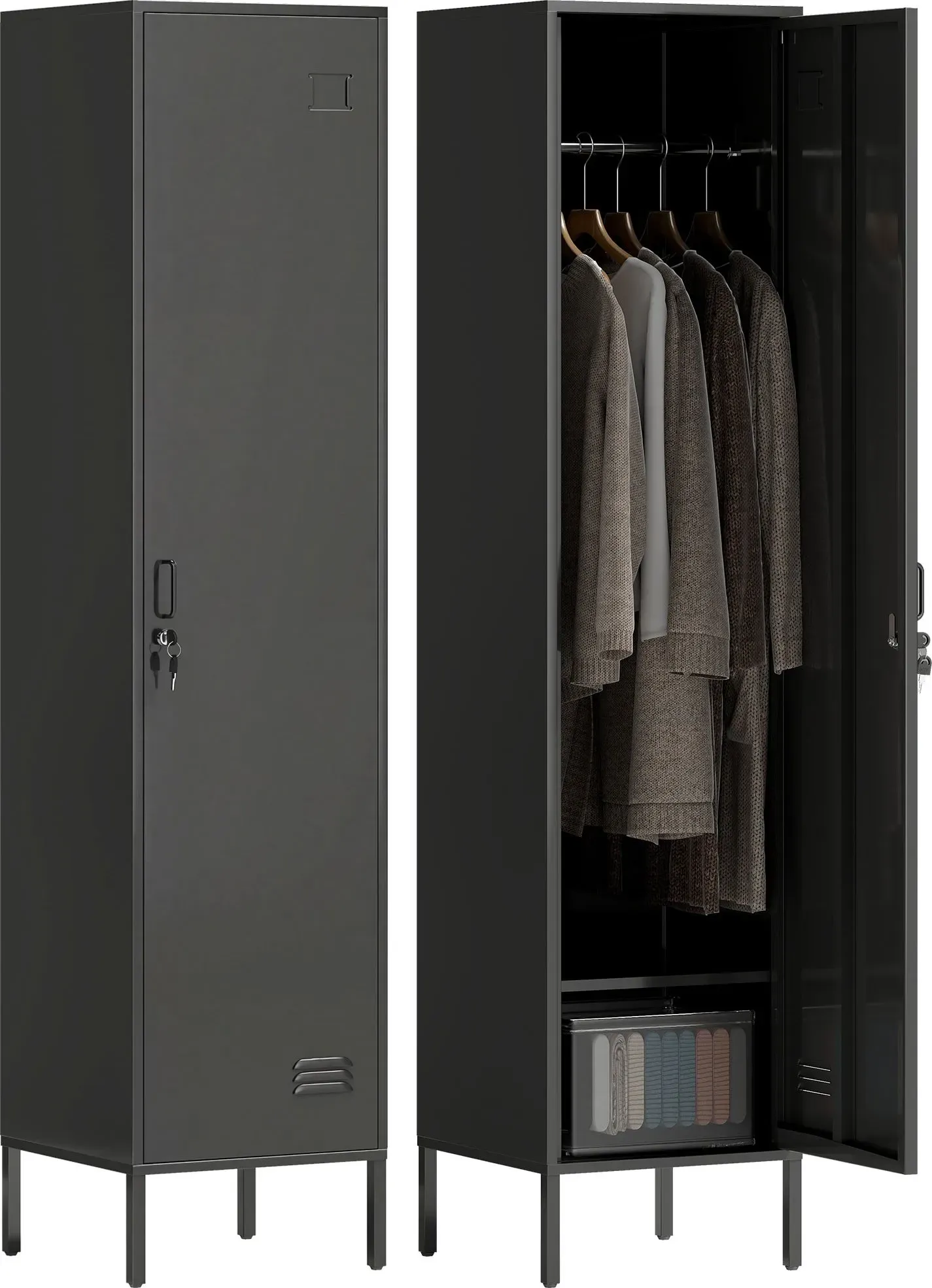 HOMCOM Stahl Spind Schrank Stahlschrank Abschließbar Schließfachschrank mit Kleiderstange, Namensschildhalter, Lüftungsschlitze und Ablage Aufbewahrungsschrank 40x40x179cm Schwarz   Aosom