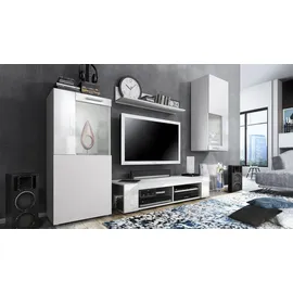 Vladon Wohnwand Movie, (Anbauwand, bestehend aus 1 TV-Board, 2 Vitrinen und 1 Regal), Weiß matt/Weiß matt/Weiß Hochglanz (Gesamt: 300 x 190 x 39 cm) weiß