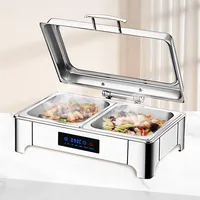 BOVDC Chafing Dish Elektrisch, 9L Edelstahl Speisewärmer Buffetwärmer Einstellbare Temperatur, Warmhaltebehälter Essen Elektrisch mit Sichtbarem Glasdeckel(Smart-Panel-Temperaturanpassung, 1/2 Pan)