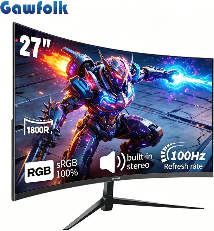 Gawfolk 27 Zoll Curved Monitor, Full HD 1080P 100Hz 1800R VA Bildschirm mit integrierten Lautsprechern, 100% sRGB, Adaptive Sync, Blaulichtfilter, HDMI/VGA, VESA für Gaming & Büro