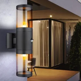 GLOBO Außenleuchte Wandlampe mit Bewegungsmelder Gartenleuchte Fassadenleuchte, Up Down Strahler, Edelstahl, schwarz rauch, 2x E27, DxH 10,2x42 cm, 2er