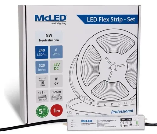 McLED LED-Band - Satz 1 m, 240 LED/m, NW, 6 W/m, DC 24V, 520 lm/m, CRI90, IP67, 10 mm, Konduktor 3 m ML-126.033.90.S01001
