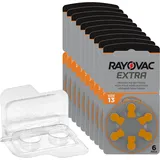 60 Rayovac Extra Advanced Hörgerätebatterien PR48 orange 13 + Box für 2 Zellen