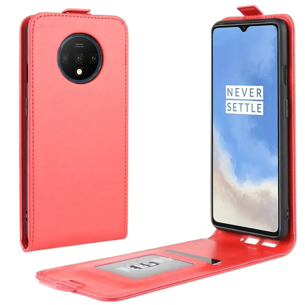 Flip Case Handyhülle für OnePlus 7T Vertikal Schutzhülle Tasche Cover Rot Bumper Smartphone Kartensteckplatz-Kreditkarte-Geldscheine EC-Karte Bank-Karte
