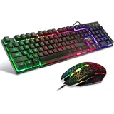 Gaming Tastatur und Maus Set, LED Hintergrundbeleuchtung QWERTZ DE Layout,Regenbogen Farben Beleuchtete USB Wasserdicht mit 2400 DPI für Pro PC Gamer - Schwarz