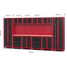 feistos Werkstattschrank Metall 396x46x198 cm Schwarz/Rot