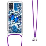 Handykette Hülle für Samsung Galaxy A15 5G Glitzer Treibsand Necklace Hülle mit Kordel zum Umhängen Silikon Clear Handy Schutzhülle Bumper dünn Hülle mit Band Case zum umhängen Blauer Schmetterling