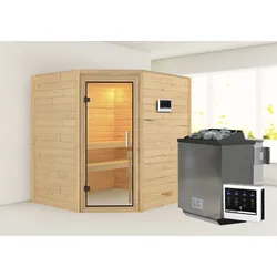 Sauna KARIBU "Mia (Fronteinstieg)", beige (naturbelassen), (ohne Ofen), Saunen, inklusive Ofenschutzgitter und Tür