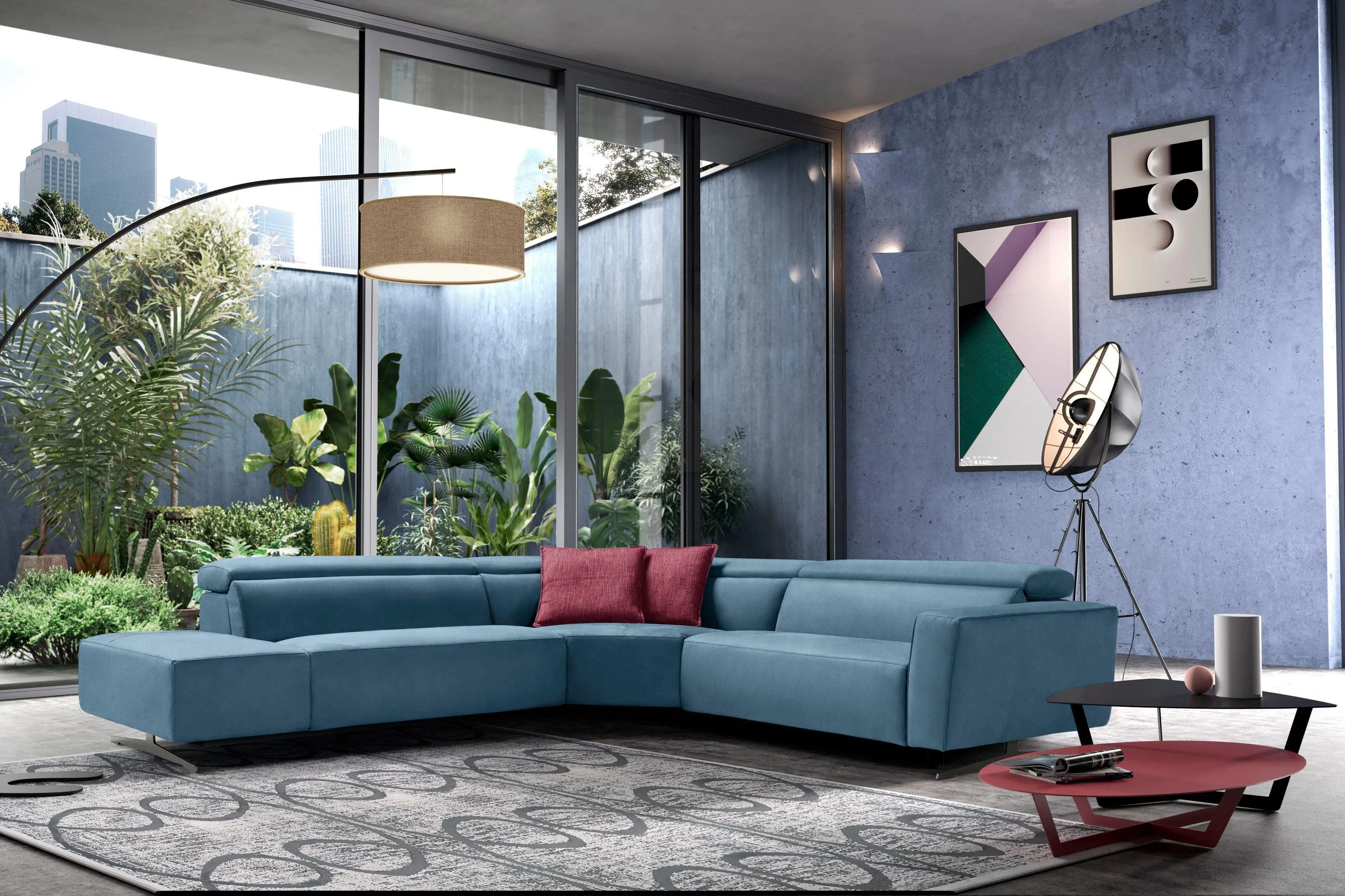 Ecksofa EGOITALIANO, blau (helllblau), B:314cm H:96cm T:284cm, Luxus-Micofaser Lederoptik (100% Polyester) ist ein neues technisches Gewebe mit einem visuellen und taktilen Aspekt, der dem Nubuk sehr nahe kommt, mit innovativen Eigenschaften. Seine außerordentliche Weichheit kommt von einem exklusiven Produktionsprozess, der Unreinheiten und Unregelmäßigkeiten beseitigt. Das Ergebnis ist eine bemerkenswert samtige Faser, die durch das Vorhandensein von Körnern verstärkt wird. Von der einfarbigen Eleganz der warmen Farben und der Vielfalt an trendigen Farben, die es zu seiner eigenen Stärke und Persönlichkeit machen., Sofas, mit Relaxfunktion und verstellbaren Kopfteilelementen