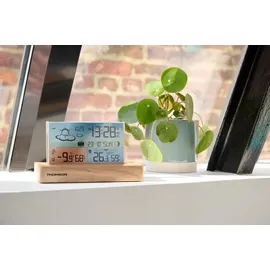 Thomson CT600 Wetterstation aus Holz mit drahtlosem Sensor und zwei Alarmen - Braun
