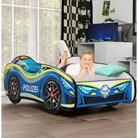 ALAVYA HOME ALAVYA HOME® Autobett 80x160 cm PKW Polizei mit Lattenrost und Matratze - mit Motivfolie beklebtes Spielbett Kinderbett 80x160 cm Rennwagen Autobett für Jungen und Mädchen kleine Polizisten - Blau