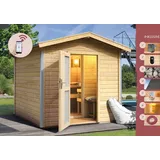 Karibu Saunahaus Außensauna Gartensauna Außensauna JONTE 1 natur 38mm Wandstärke 231 x 273 cm großes Sparset mit Ofen und Steuergerät