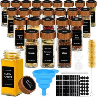 ZZXLOPEZ 24 Stück 120ml Gewürzgläser Eckig Set, Gewürzgläser Set, Gewürzgläser Eckig mit Holzdeckel, Gewürzdosen Gewürzstreuer mit 48 Streueinsatz, Etiketten, Silikon Trichter, Reinigungsbürste