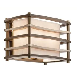 Wandlampe Leuchte Holz Leinen Glas Bronze H 20,3 cm Flurlampe Treppenhaus