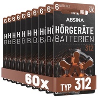 ABSINA 60x Hörgerätebatterien 312 - Batterien für Hörgeräte Typ PR41 ZL3 P312 Knopfzelle, (10 St)