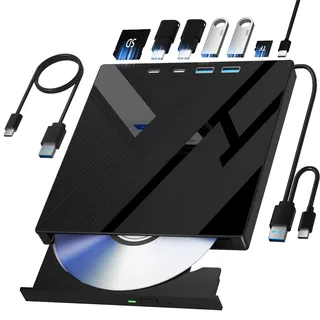 7 in 1 Externes DVD-Laufwerk, Externes CD/DVD-Laufwerk für Laptop mit SD/TF-Anschluss, CD-Brenner DVD-Player DVD-Brenner USB 3.0/Typ C, CD Rom Externes Laufwerk CD-Laufwerk für PC Laptop Windows Linux