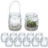 Relaxdays Windlicht, 12er Set, Glas, mit Henkel, innen & außen, Deko Teelichthalter, HxD: 9 x 8,5 cm, transparent/Silber, x 8,5 c