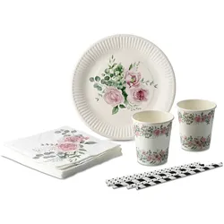 ECOFIESTA 112-teilig Einweggeschirr-Set mit floralen Motiven - Umweltfreundliches Partygeschirr für JGA, Bride to Be & Geburtstagsfeiern