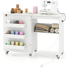 Costway 2 in 1 Nähtisch klappbar mit Ladestation, Nähmaschinenschrank Weiß