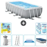 Intex Pool mit rechteckigem Prismenrahmen – 488 x 244 x 107 cm – Grau – inklusive Pumpe – Leiter – Bodenplane – Abdeckung Wartungspaket...