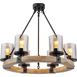 GLOBO Kronleuchter Esstisch Pendellampe schwarz Holz Schlafzimmerlampe Glas 6-flammig, Metall, 6x E27 Fassungen, DxH 59x98 cm