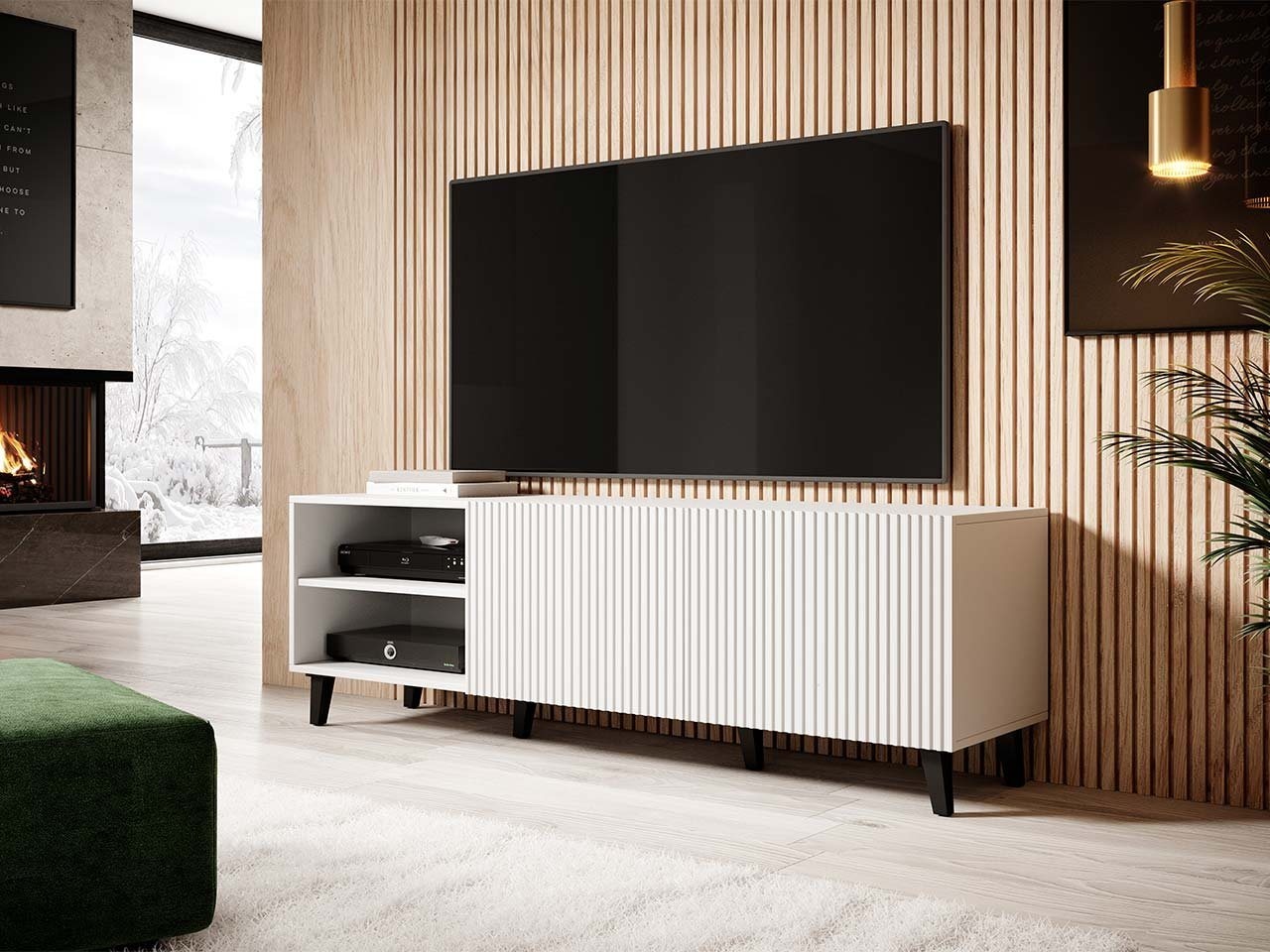 MIRJAN24 TV-Schrank Pafos 150 TV-Tisch mit 2 Türen, Modern Wohnzimmer TV-Kommode schwarz|weiß