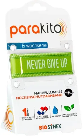 Parakito Nachfüllbares Mückenschutzarmband Erwachsene Never Give Up Grün 1 Stück