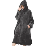 SPFASZEIV Reißverschluss Hoodie Decke Damen Kuscheldecke mit Ärmeln Übergroße Kuschelpullover Frauen Herren Tragbare Decken mit Kapuze Tasche Dunkelgrau