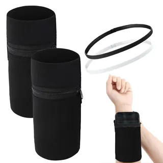 2 Sport Handgelenktaschen mit 2 Sport Haarbändern, Schwarzes Armband Geldbörse, kann Handys, Schlüssel, Bankkarten speichern, geeignet für Fitness, Laufen, Spazieren und Reiten