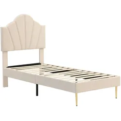 Merax Polsterbett, Samt Einzelbett mit höhenverstellbarem Muschel-Form-Kopfteil 90x200cm, beige