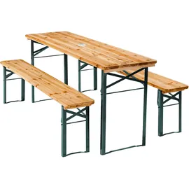 Tectake tectake® Bierzeltgarnitur Ludwig 3-tlg. klappbar, mit Sonnenschirmhalterung, beschichtetes Stahlgestell mit soliden Scharnieren, Holzlackierung mit Klarlack