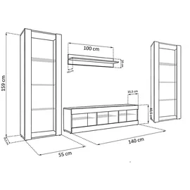 komodee Wohnzimmerset, Eiche Wotan, Schwarz, Holzwerkstoff, 9 Fächer, Rechteckig, 250x159x35 cm, Wohnzimmer, Wohnwände, Wohnwand-Sets