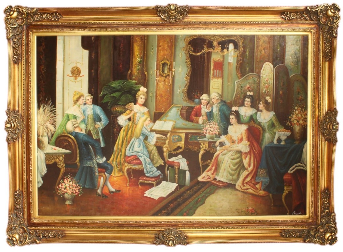 Riesiges Handgemaltes Barock Öl Gemälde Gesellschaft Gold Prunk Rahmen 225 x 165 x 10 cm - Massives Material
