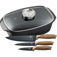 KING Bräter 5 Liter, Aluminiumguss (Set, 5-tlg., 3 Küchenmesser im Geschenketui), Aromaknopf, Induktion, mit Glasdeckel, Antihaft-Keramikbeschichtung schwarz