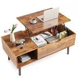 DUMOS Couchtisch Höhenverstellbar Wohnzimmertisch Ausziehbar Stauraum Coffee Table, Hölzerner höhenverstellbarer versteckter Stauraum braun