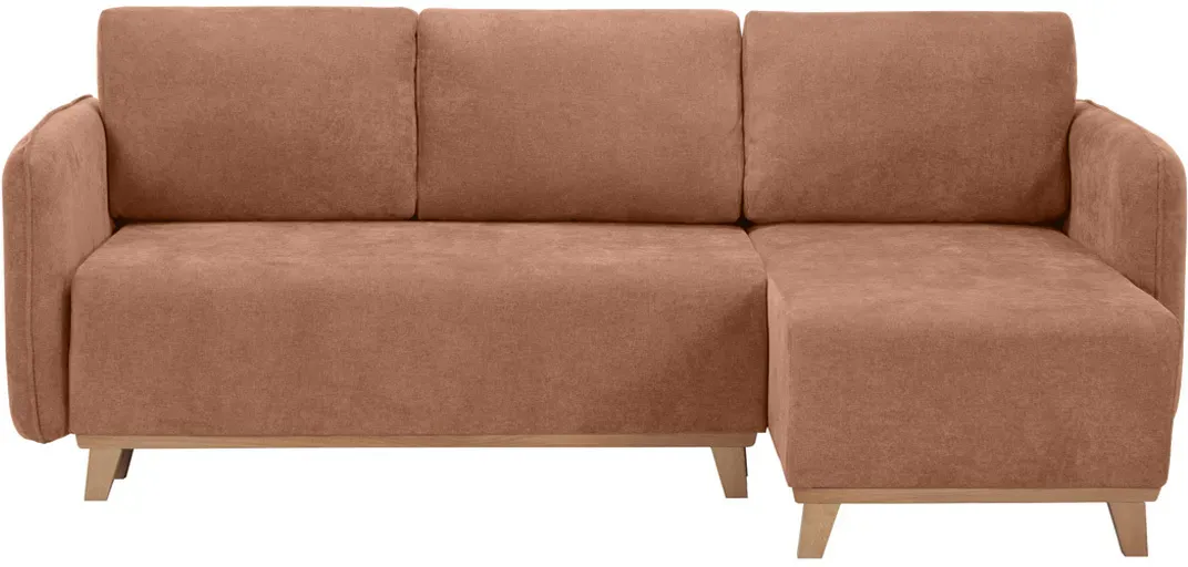 Canapé d'angle convertible et réversible 3-4 places en tissu effet velours terracotta et bois clair ROMANE