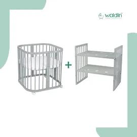 Waldin Babybett Grau, Grau, Holz 7in1 mit Matratze, Mitwachsendes Kinder-Bett, Belüftet, Boden 5-Fach Verstellbar, All-Inclusive-Set, Holz Stoffe
