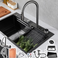 DSMRLEOP Küchenspüle Hochwertige Edelstahlspüle Multifunktions-Spüle in Schwarz mit ausziehbarem Wasserhahn mit angezeigter Wassertemperatur und verschiedenen Spülzubehörteilen