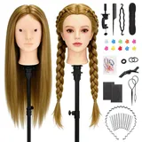 Yofuly 26 Zoll Trainingsköpfe, 80% Echthaar Kosmetik Schaufensterpuppenkopf mit Tischklemme & DIY-Haarzopf-Set (Braun)