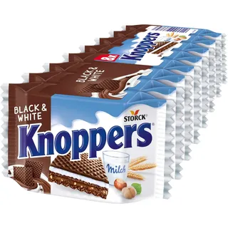 Knoppers Black and White – 8 x 25g – Gefüllte Waffelschnitte mit dunklen Kakaowaffeln, dunklen Gebäckstückchen und Nougatcremefüllung