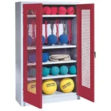 C+P Sportgeräteschrank mit Lochblech-Flügeltüren (Typ 2), HxBxT 195x120x50 cm, Ergo-Lock Muldengriff, Rubinrot (RAL 3003), Lichtgrau (RAL 7035), Einzelschließung