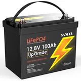 SANFOU 12V100Ah UpGrade LiFePO4 Batterie, 1280Wh kleinste Lithium Batterie mit UpGraded 100A BMS Tieftemperaturschutz, bis zu 15000 Deep Cycles Batterie für RV, Trolling Motor, Solar Home, Camping