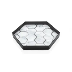 Vip Ahmet Sechseckige schwarze Glasschale Kristall Tepsi Mermer Desen Serviertablett 35x35cm Schwarz
