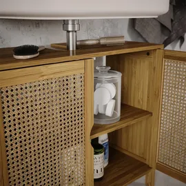 Vicco Waschbeckenunterschrank Liora, Bambus/Rattan/Creme, 68 x 60 cm mit 2 Türen zur Aufbewahrung von Badutensilien und Handtüchern