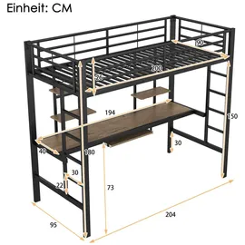 XDOVET Hochbett mit Schreibtisch und zwei Bücherregalen 90 x 200 cm MDF schwarz